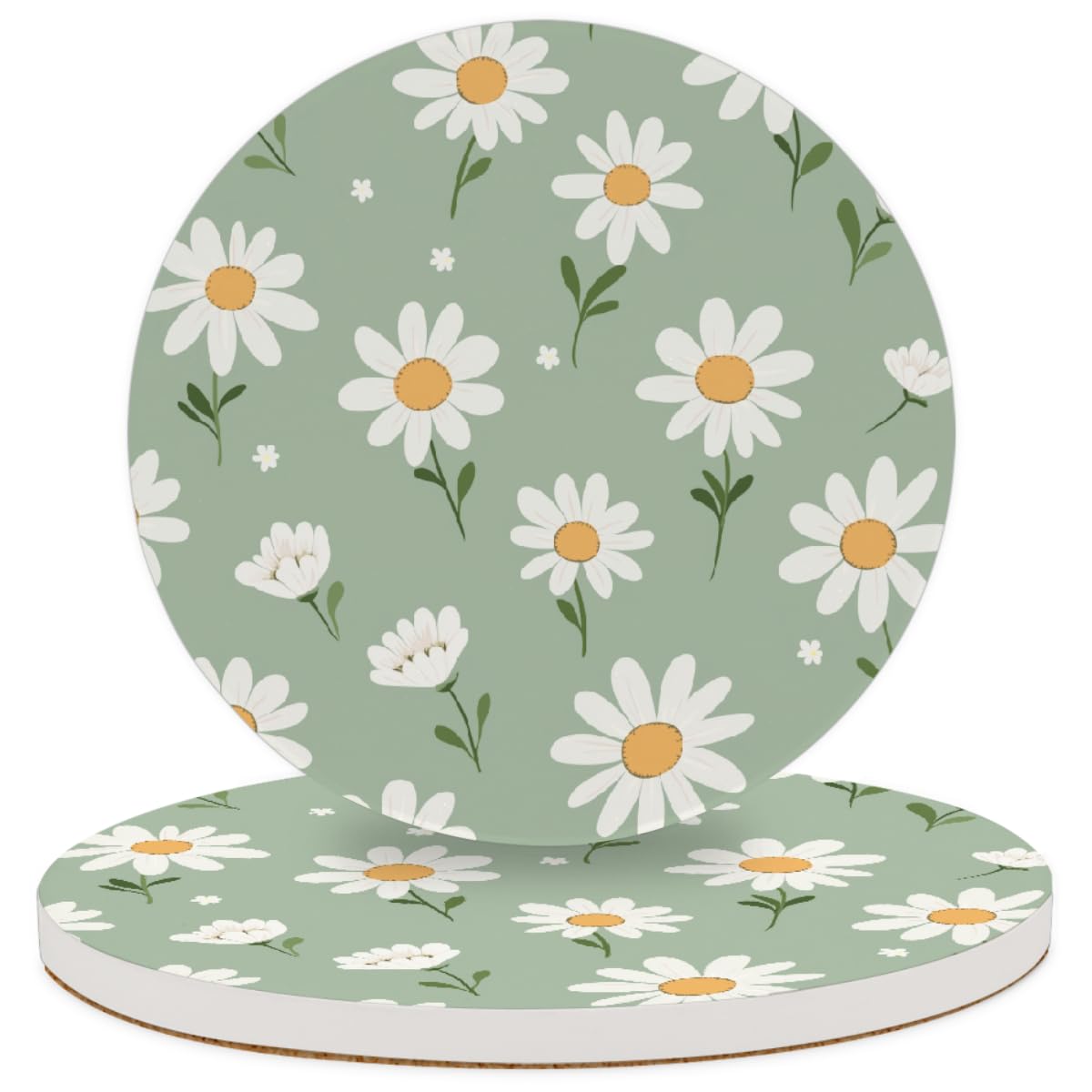 Ceramic Drink Coaster for Tabletop Protection, green daisies Round Table Coasters for Home Decor House Warming Gifts - Set of 2