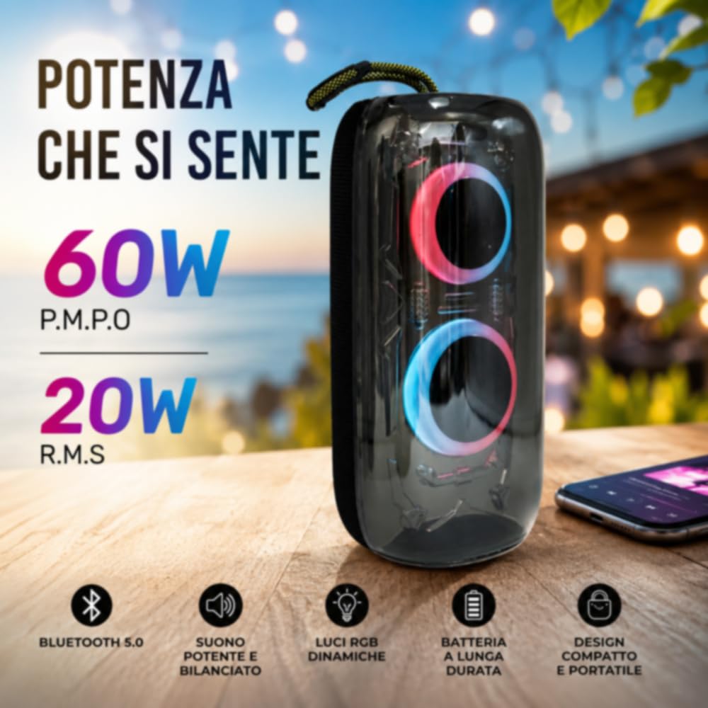 Vetrineinrete® Cassa Bluetooth 5.3 Portatile TWS RGB 20W RMS Type-C | Radio FM Integrata, Batteria 2400 mAh, Ingresso TF/USB/AUX, 60 Watt P.M.P.O, Portata 10 Metri