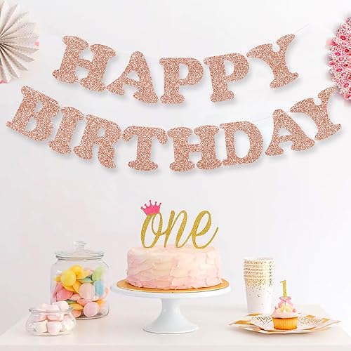 Miniatura 4 de Cartel de feliz cumpleaños de oro rosa  NO DIY  Cartel de fiesta de cumpleaños con purpurina de oro rosa  Pre-encordado  Guirnalda de cumpleaños de