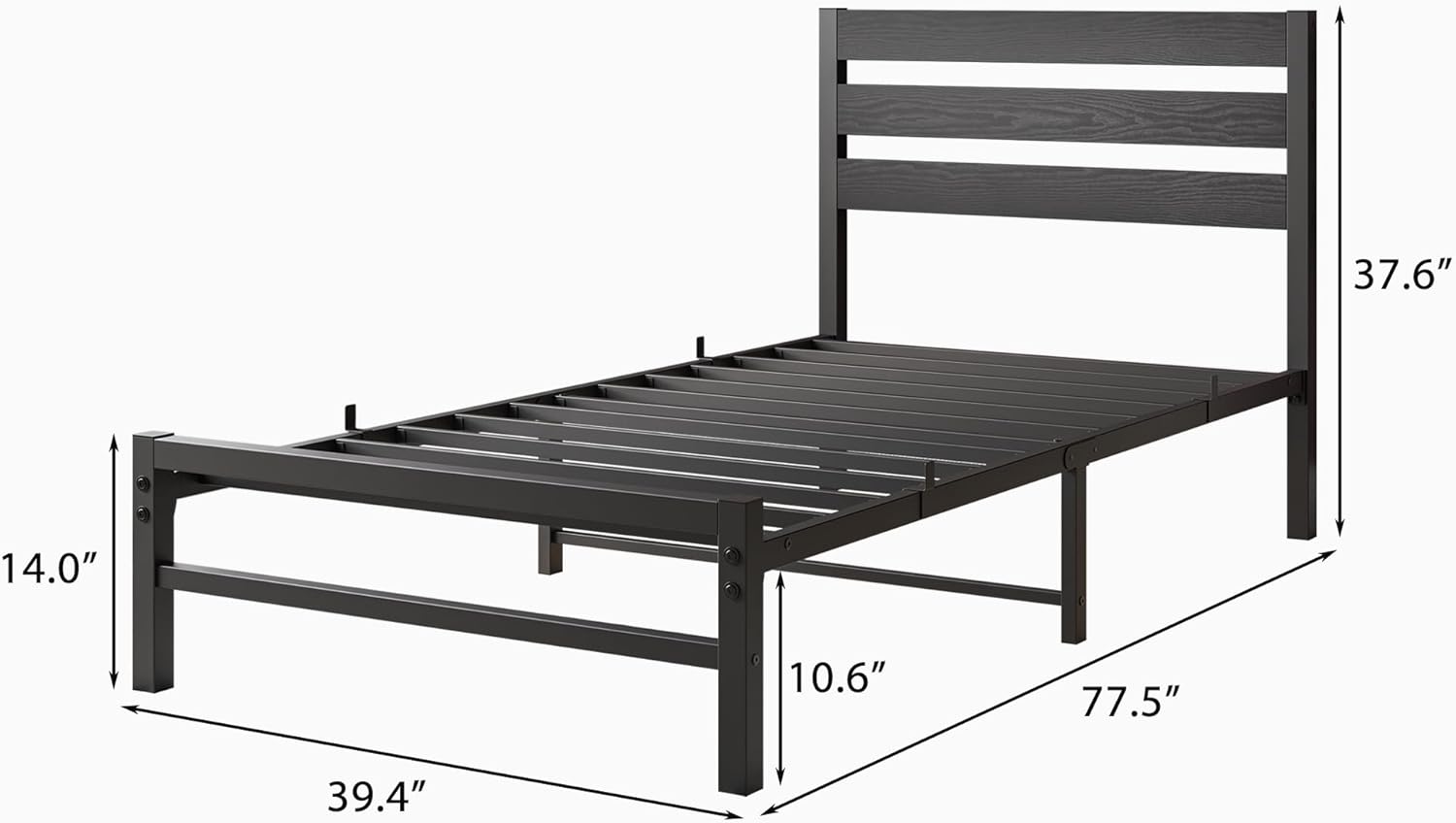 Multiple Size Platform Bed Frame with Rustic Wood Headboard, Heavy Duty Metal Slat Support, No Box Spring Needed, Under Bed Storage, Industrial Vintage (Black, Twin)