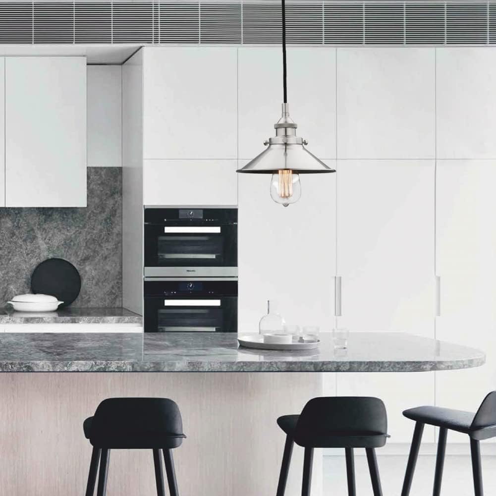 Stylish retro pendant light fixture illuminating a dining room.