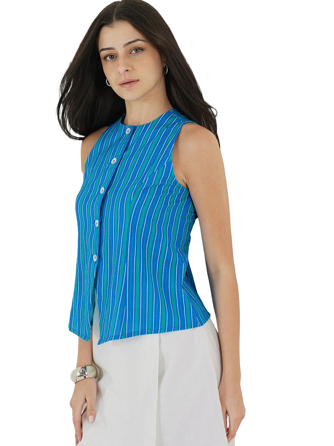fablestreet Women Shirt Casual | Comfortable Fit Band Collar Sleeveless Vertical Striped Pattern | Textured Cotton Fabric for Summer Vacation & Daily Outdoor Wear-picture-23