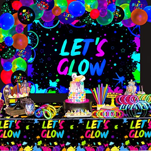 190 Pcs Neon Glow Birthday Party Supplies - Let's Glow Backdrop Banner, Tablecloth, Glow In The Dark Balloons, Glow Sticks, Bracelet Connectors, Glasses And Headband For Kid Neon Party Decorations #TOP3