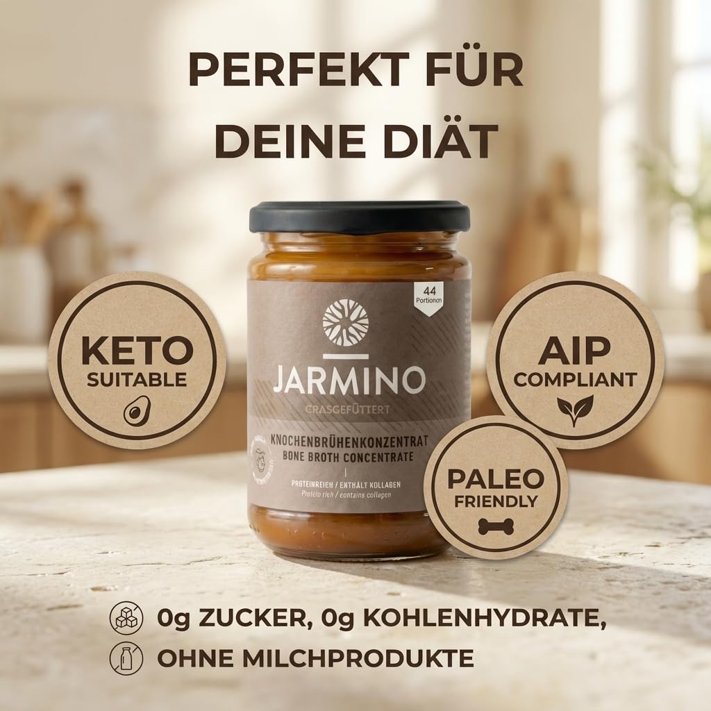 JARMINO Bio Rinderknochenbrühe Konzentrat, Grasgefütterte Knochenbrühe mit Kollagenprotein, 440 g