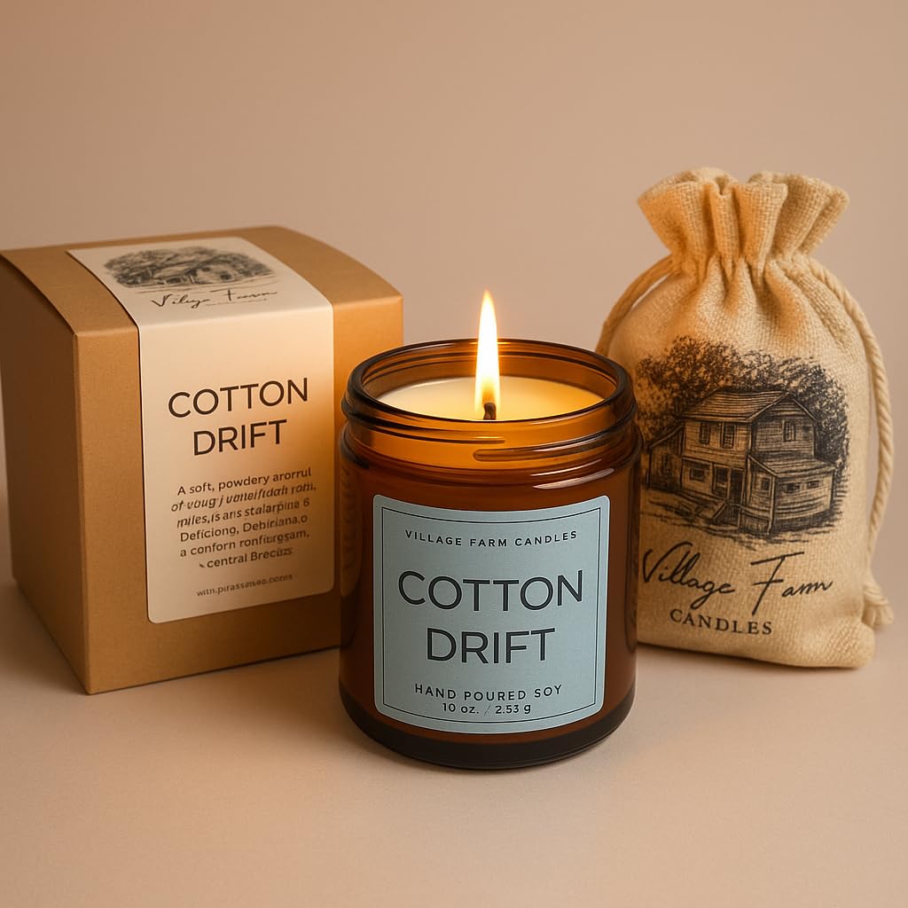 Cotton Drift Luxury Hand Poured Candle | Eco Friendly | Vegan | Hand Crafted, | 50+ Hour Burn Time | Soy Wax Premium Candle | Handmade by Village Farm Candles | Handmade | Artisian | Small Batch| — image 1