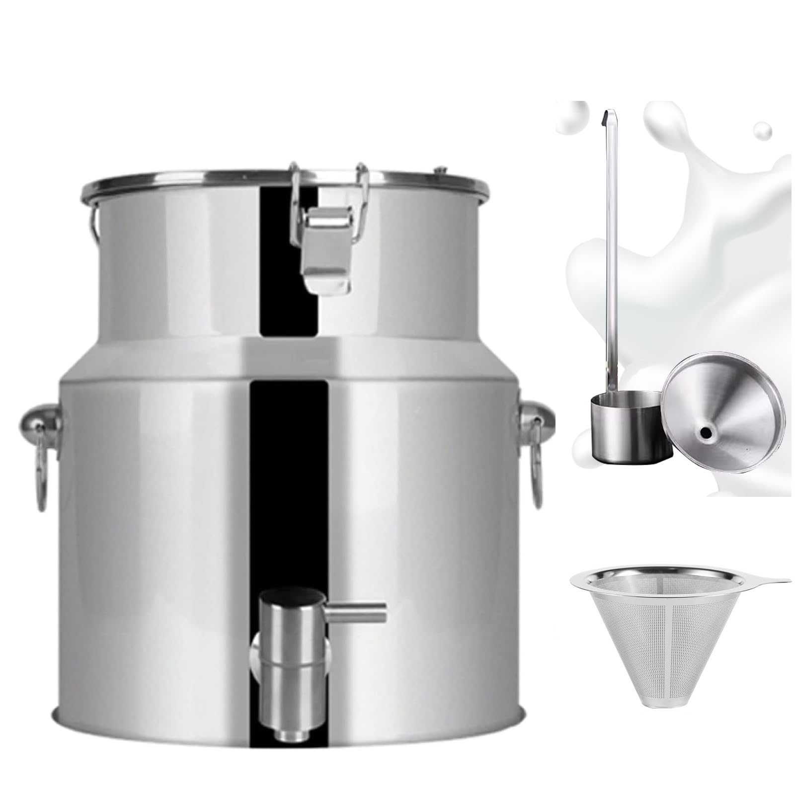 Gjuann Stainless Steel Milk Can, Wine Pail Bucket Tote Jug Oil Barrel Tank Milk Churn Can With Spigot And 250 Mesh Funnel,28L