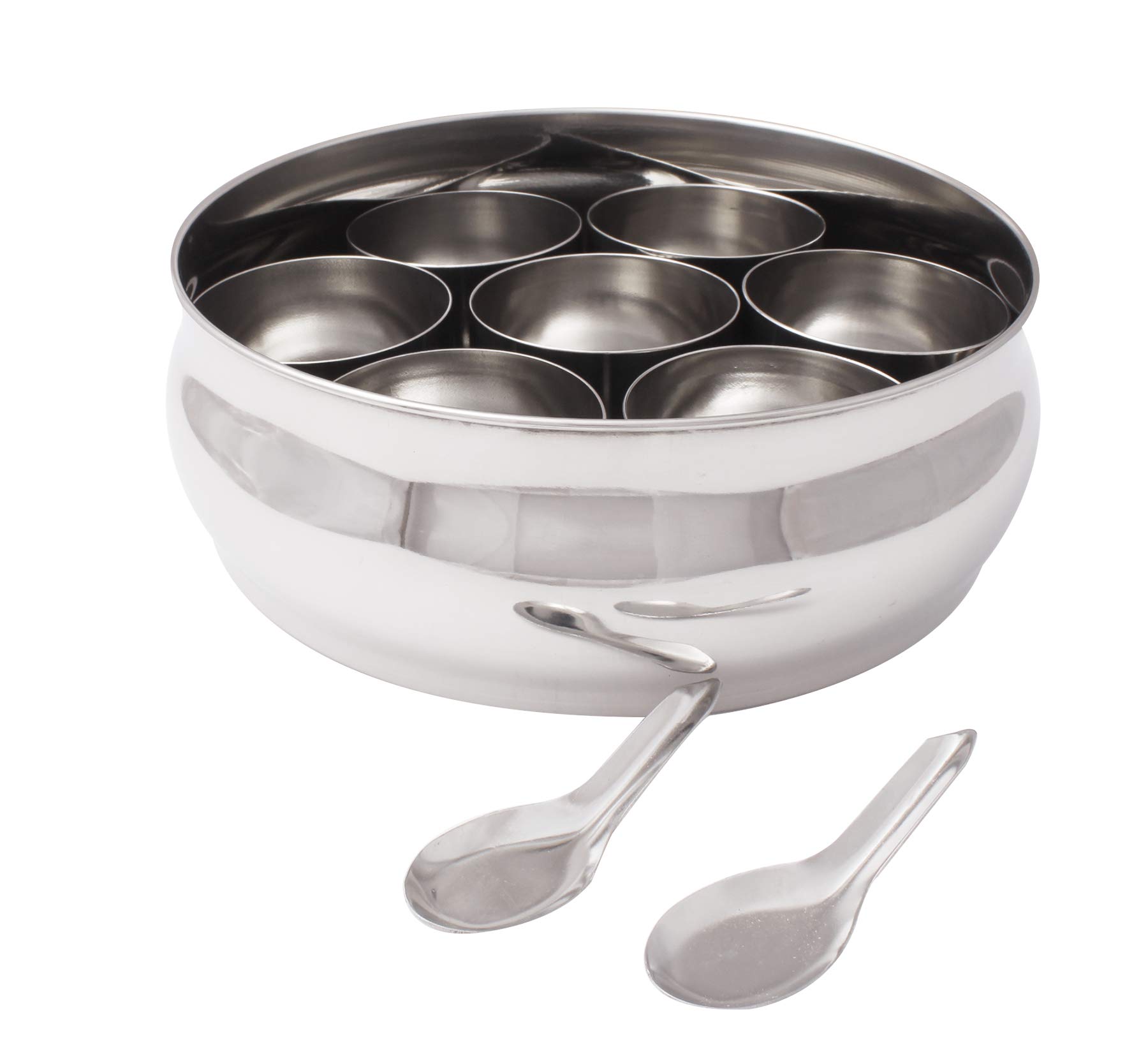 Stainless Steel Spice Container 7 Containers and Small Spoon Masala Box Indian Masala Dabba with size 7.5 X 7.5 inches