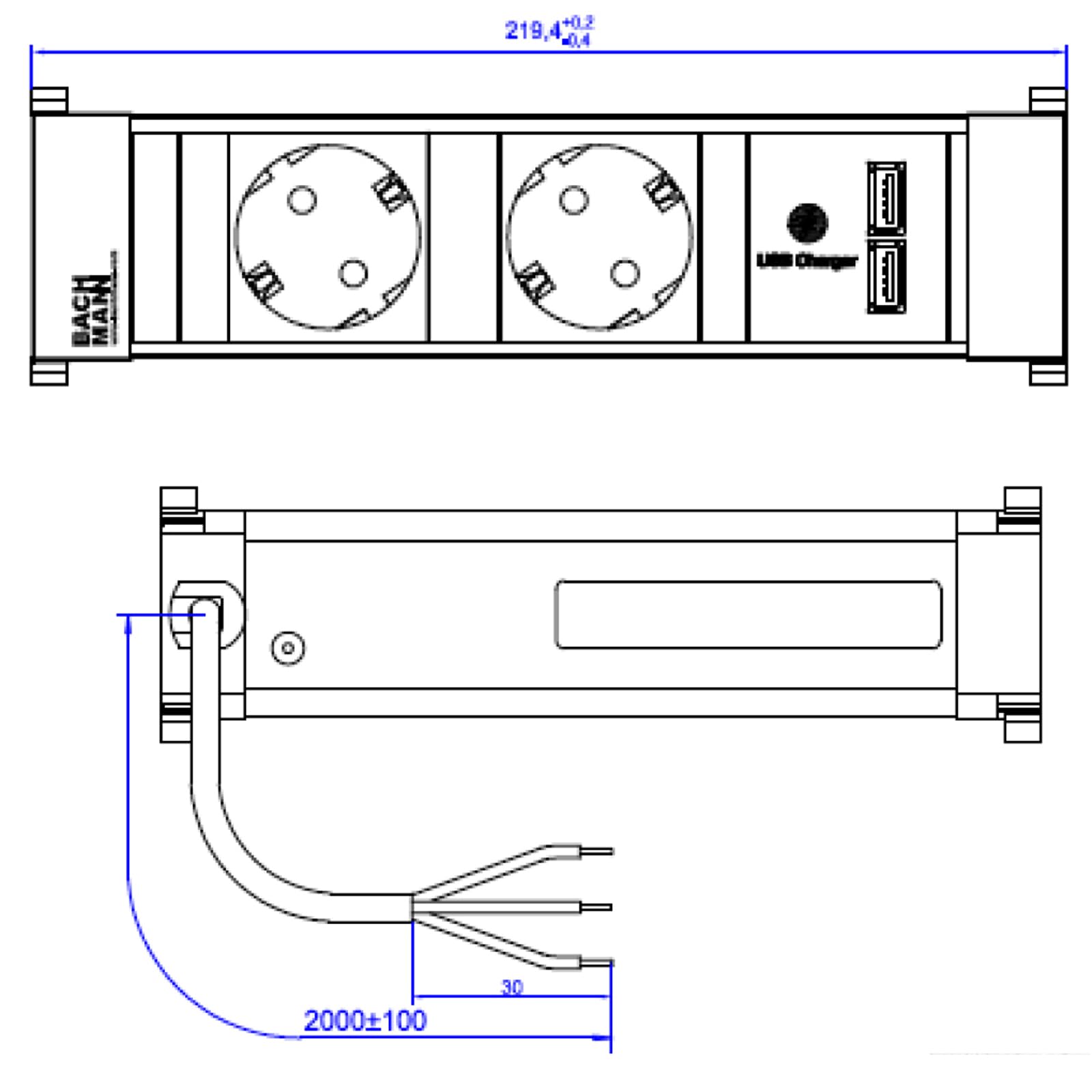 BACHMANN Presa Schuko in alluminio a 2 prese con caricatore USB a 2 prese