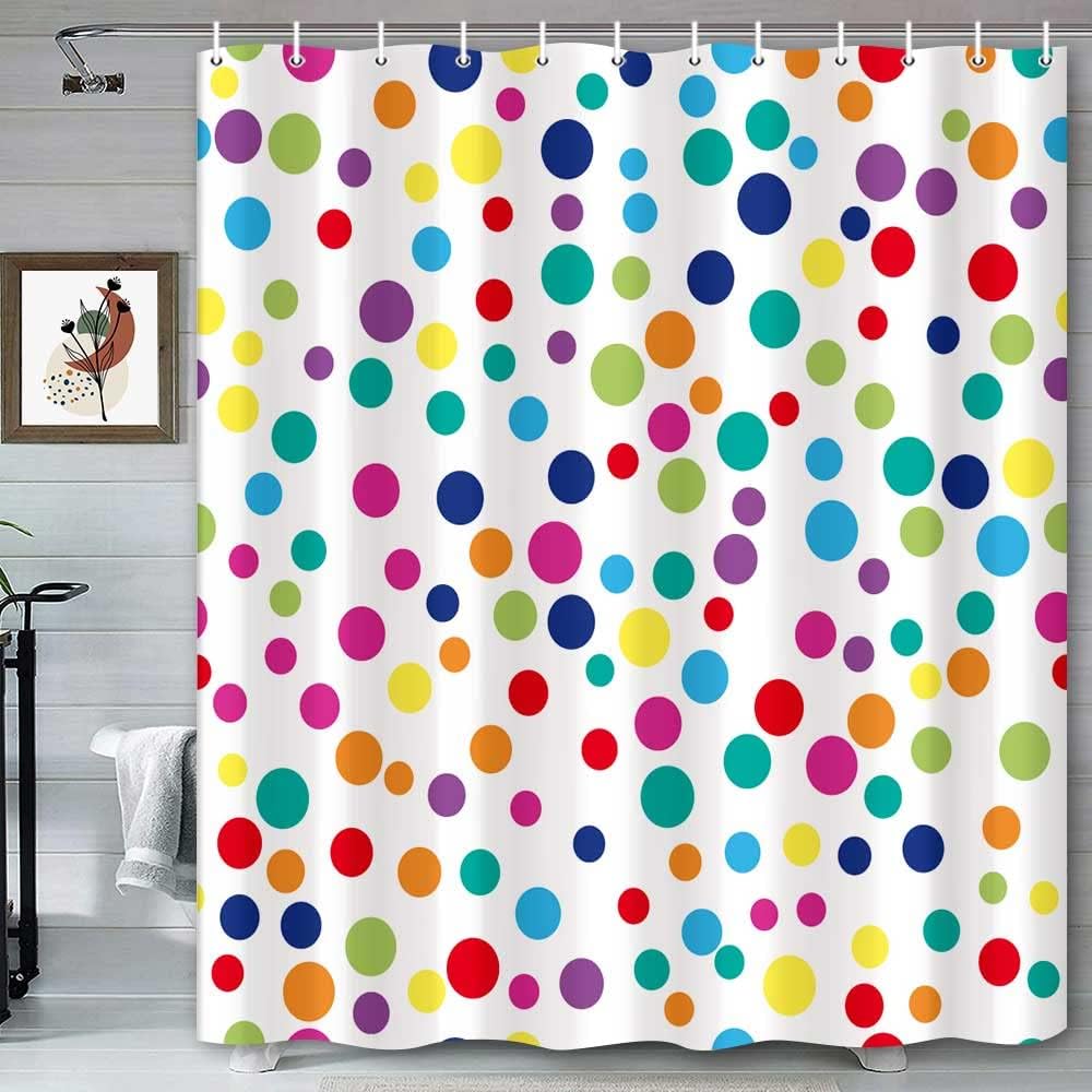 Kids Rainbow Bathroom Shower Curtains, Retro Colorful Geometric Polka Dots Bath Curtain, White Modern Restroom Waterproof Fabric Shower Curtain Sets