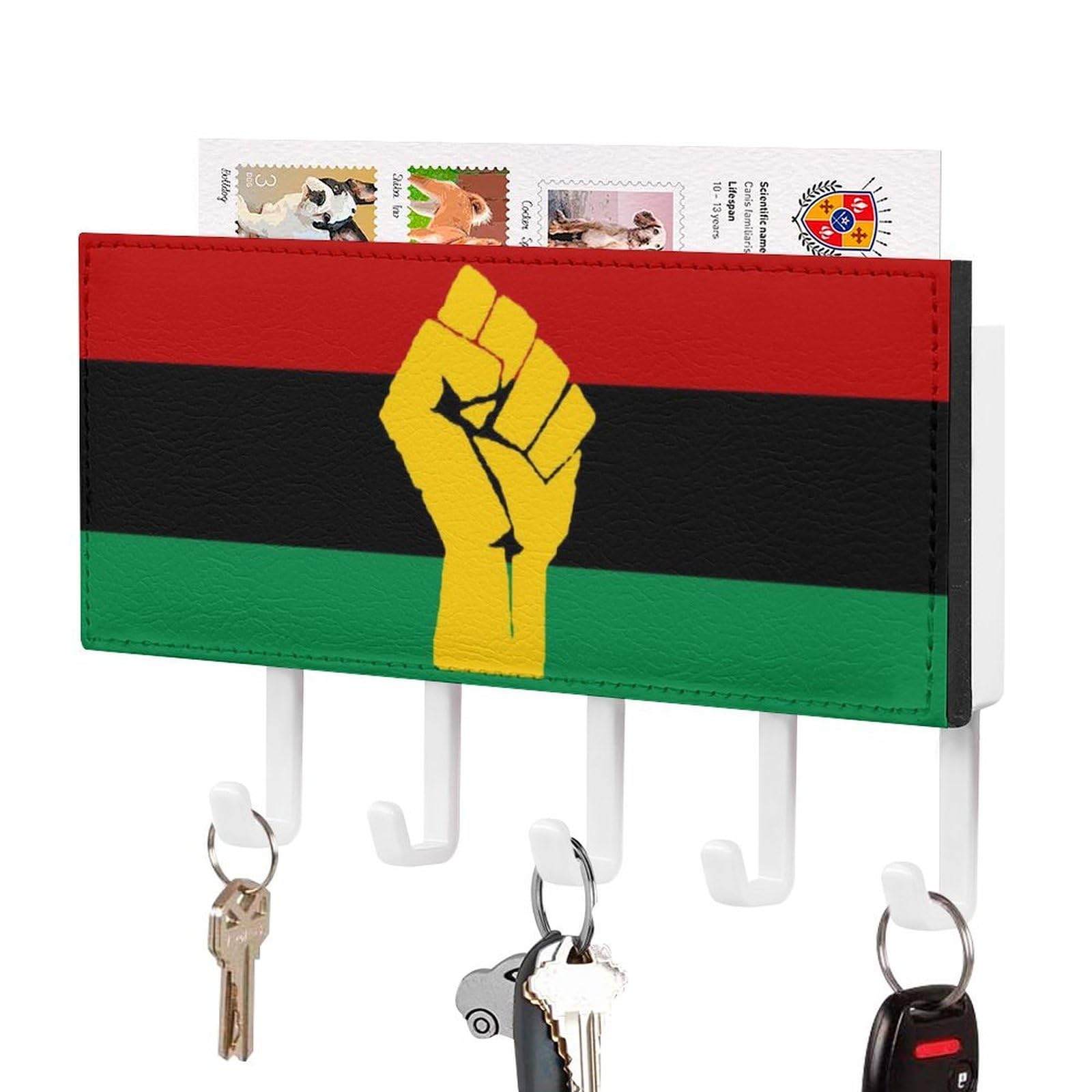 NCLQVJXZKHW Black Power African Flag Key Holder with 5 Hooks Key Hooks Wall Mounted Key Racks Key Hanger Organiser Shelf