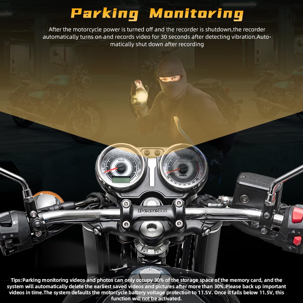 VSYSTO Moto Dash Cam, Obiettivo Grandangolare 130° Fotocamera Anteriore e Posteriore 1080P con WiFi, Impermeabile, Visione notturna, Sensore G, Monitoraggio parcheggio, promemoria guasti(grigio)