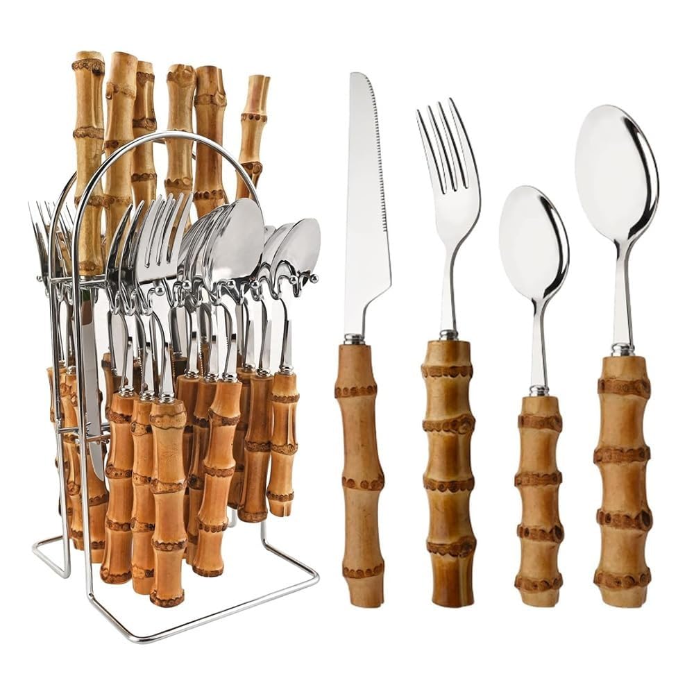 Featured Genuine Bamboo Handle Kitchen Stainless Steel Silverware Tableware Flatware Cutlery Knives Forks Spoons Set Home Steak Knife Dessert Spoon (Silver,24 Pieces/Cutlery Rack)