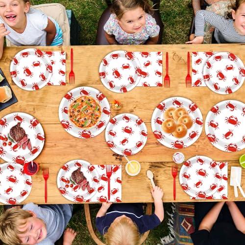 Image of Qyeahkj 100 Pcs Crab Party Decoration Set - Paper Plate Napkin Fork Set for Summer Crab Dinnerware Tableware Supplies - Serves 25