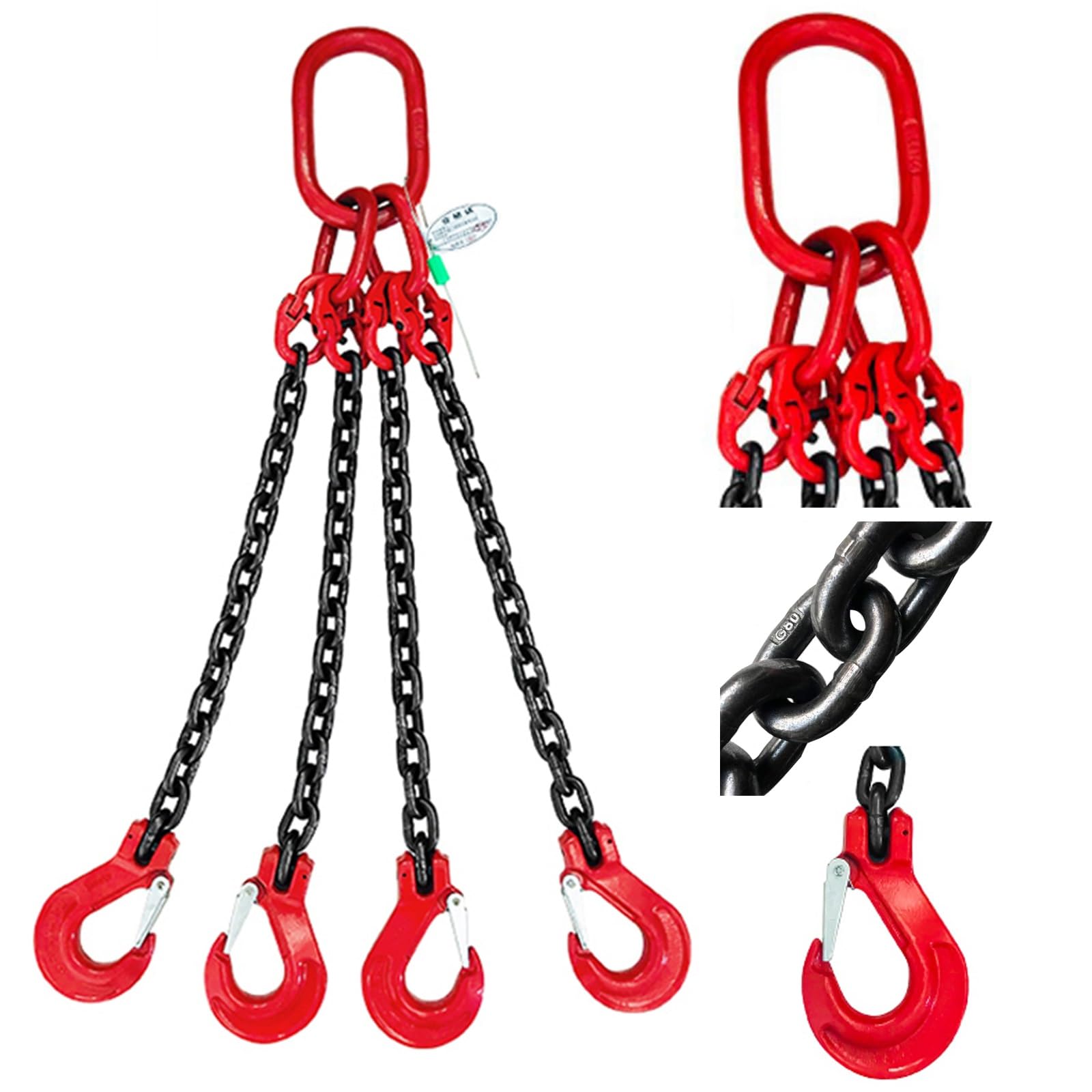 4 Ton Engine Lifting Chains - Heavy Duty 4 Leg Chain Sling with Grab Hooks, Steel Hoist Chains for Large Cargo, 1.5m/4.9ft Standard Marking - Durable & Reliable