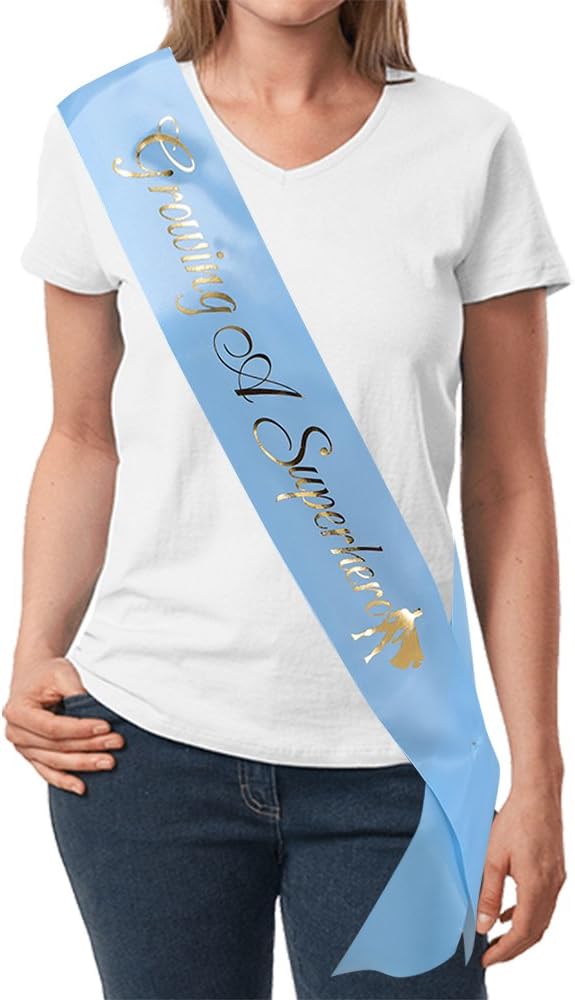 "Growing A Superhero" Sash - Baby Shower Sash Baby Boy Blue Baby Shower Baby Sprinkle (Blue & Gold)