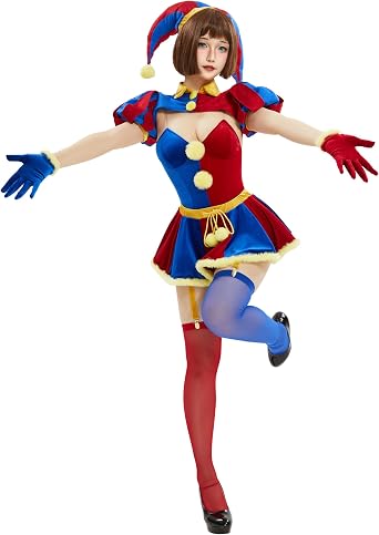 Mobbunny Womens Clown Cosplay Costume Circus Clown Bodysuit Blue Red Bodysuit and Mini Skirt with Gloves and Hat