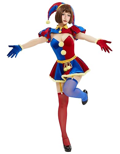 Mobbunny Women's Clown Cosplay Costume Circus Clown Bodysuit Blue Red Bodysuit and Mini Skirt with Gloves and Hat - Small - Red Blue