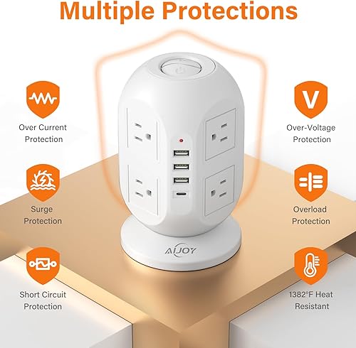 Miniatura 7 de AiJoy - Regleta de alimentación con protector de sobretensiones con 8 tomas, 4 puertos USB (1 USB C), cable de extensión de enchufe plano de 10 pies