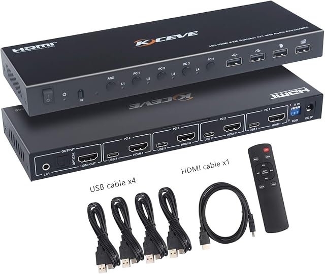 KCEVE KVM Switch, 4 Computers HDMI KVM Switcher Box Support 4K@60Hz, With USB 2.0 Hub, Audio And ARC function, Compatible With Windows/Linux/Mac System etc, With Hotkey And Remote Switch Way