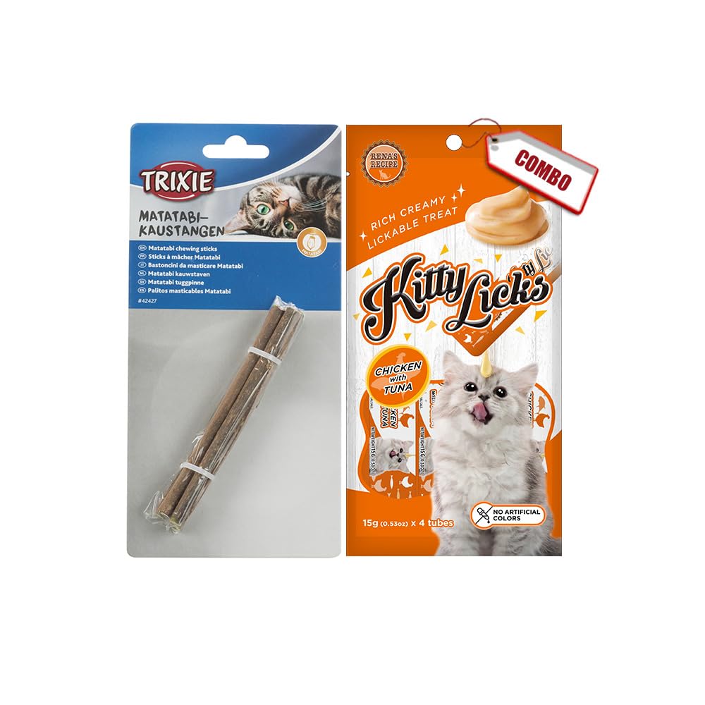 Combo of Kitty Licks Chicken & Tuna Flavor Creamy Lickable Cat Treats, (15g X 4 Tubes) and Matatabi Chewing Sticks for Cats, 10g (B0CMTV7QXL) Amazon Price History, Amazon Price Tracker