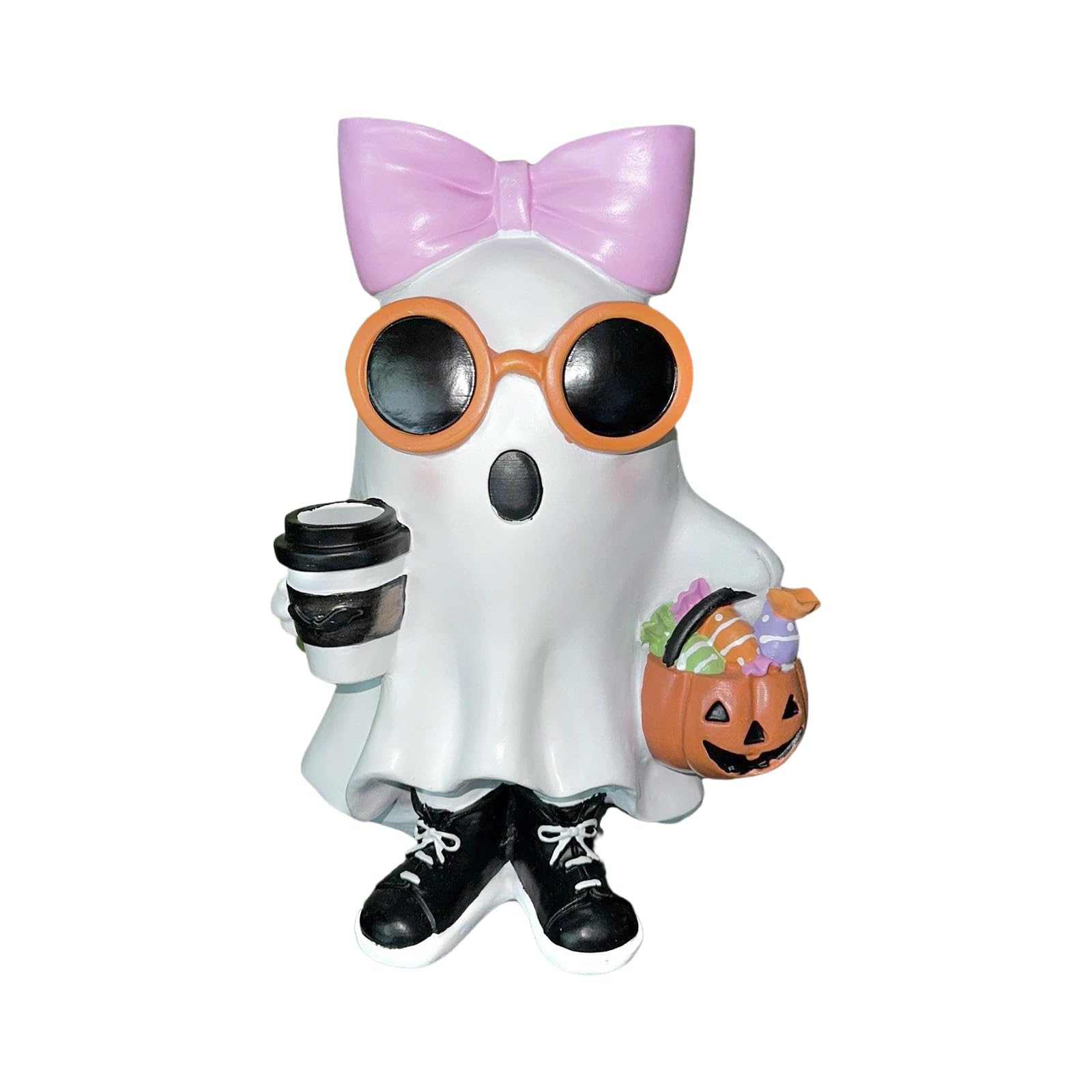 Kalttoy Halloween Ghostly Girl Sculpture Bowknot Coffee Cup Pumpkin Detail Resins Home Decors Party Tabletop Ornament Ghostly Girl Figure Ornament
