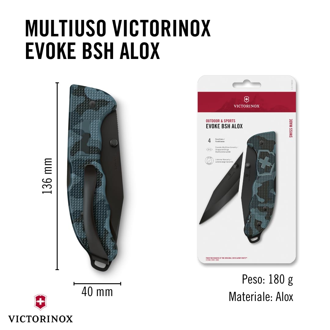 Victorinox Coltellino Svizzero Hunter Evoke BSH Alox, Multiuso, Outdoor, 4 Funzioni incl. Lama da 10 cm e Perno per Pollice, Blu Marino Mimetico
