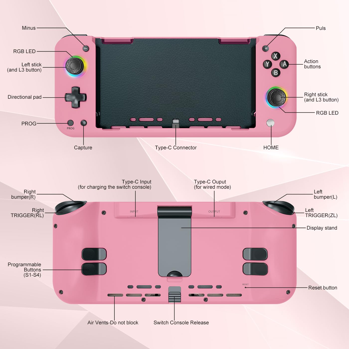 Switch Controller Compatible with Switch/OLED,Hall Effect One-Piece Joypad Controller Replacement for Switch Pro Controller,Full-Size Ergonomic Handheld Mode Controller with RGB/Programming,Pink - imagen 5