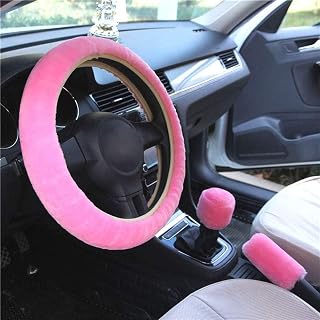 Fluffy Steering Wheel Cover Set, 3Pcs 1 Set Winter Warm Fuzzy Steering Wheel Cover Handbrake Covers Gear Covers Universal Plush Non-Slip Interior Accessories for Car, Truck, SUV, 38cm (Pink)