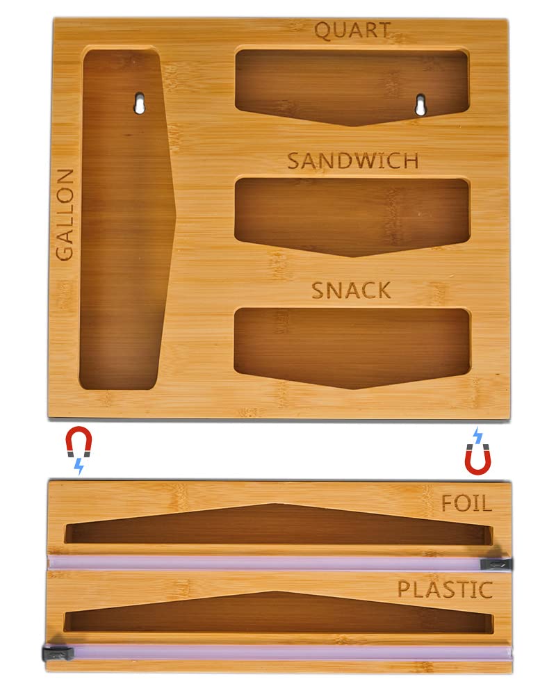 Foil and Plastic Wrap Organizer, Magnetic Dispenser with Cutter, 6 in 1 Aluminum Dispenser, Bamboo Storage Kitchen Drawer Organizer for Foil, Ziploc, Gallon, Quart, Sandwich, Snack, standard large