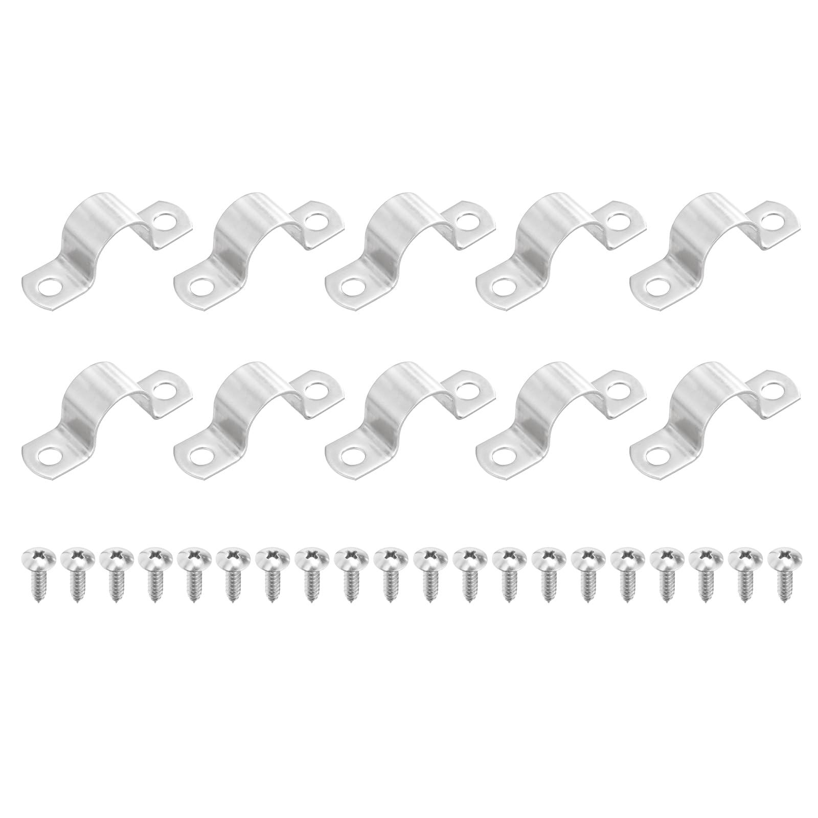 sourcing map 10Pcs 22mm(7/8") Two Hole Rigid Pipe Strap, 304 Stainless Steel Conduit Clamp Thicken U Bracket Heavy Duty Pipe Clamp with Self-Tapping Screws for Fixing Tube Cable, Silver