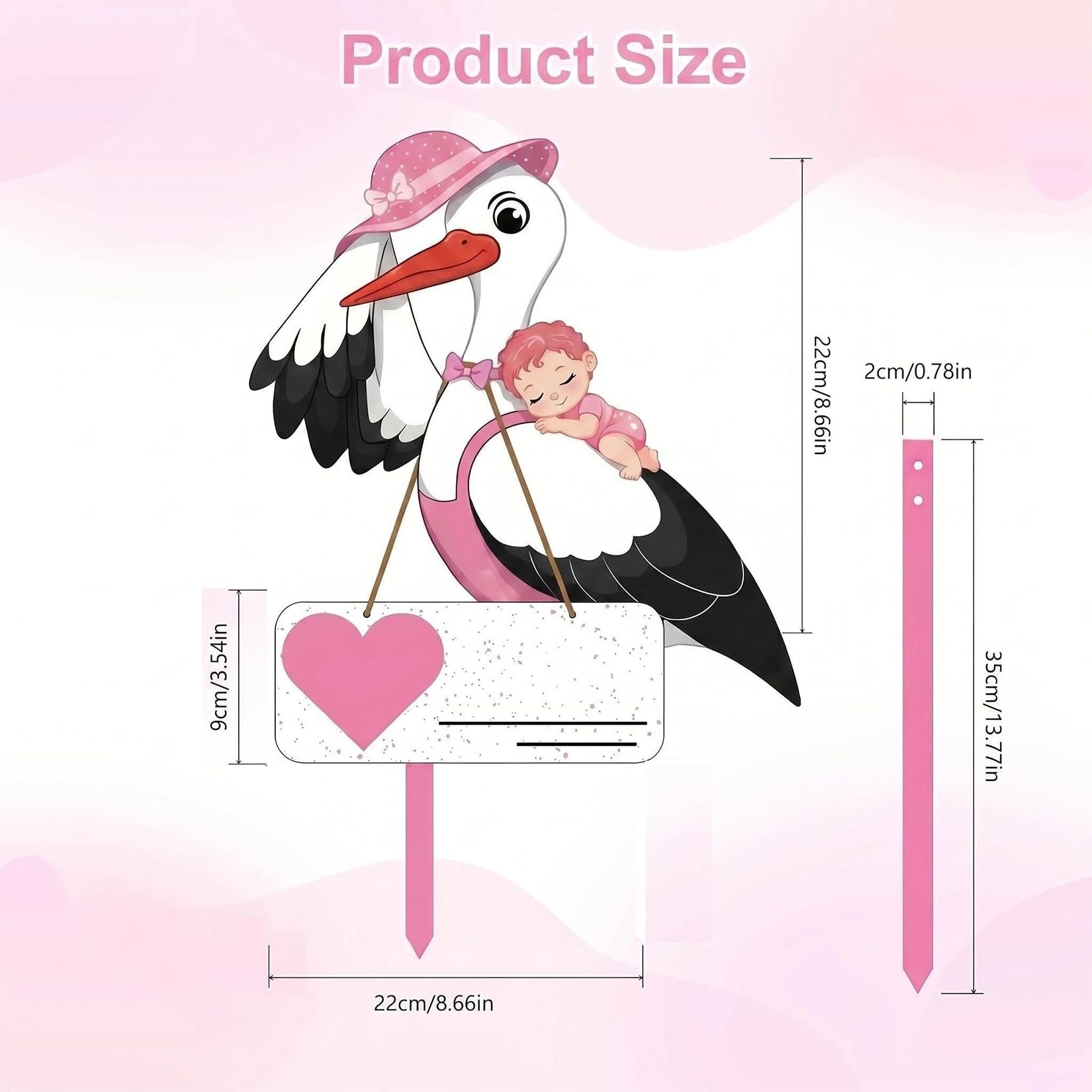 Cigogne à Clapette pour Naissance Bébé Imprimé Sur Deux Faces avec Bâton en Bois Plaque Nominative pour L'intérieur Et L'extérieur Idée Cadeau Naissance (Rose)