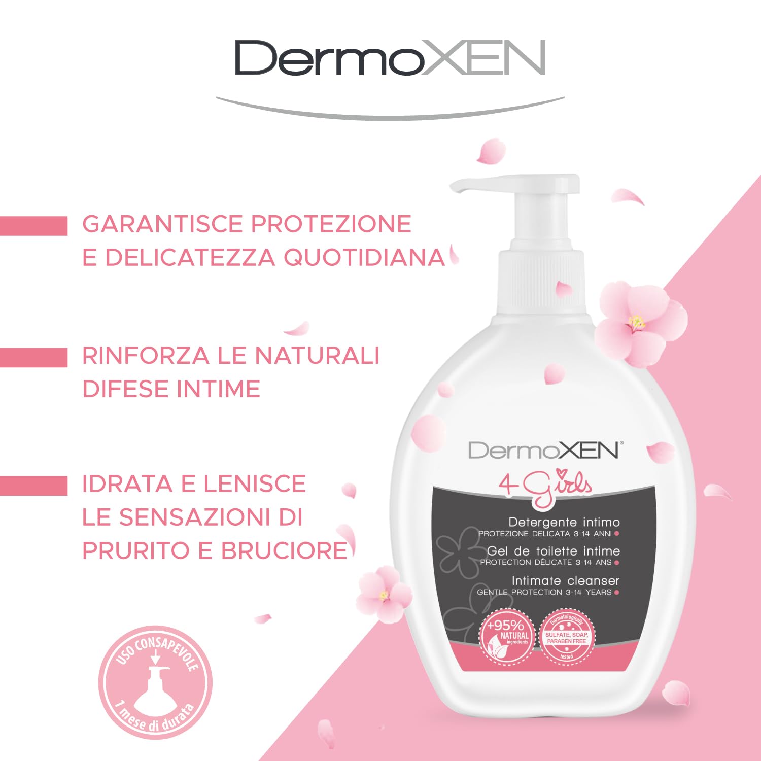 DERMOXEN 4 GIRLS Detergente Intimo Pediatrico per Bambina, Contro Prurito e Arrossamenti. Sapone Intimo Delicato con Acido Lattico, Senza SLES, Parabeni, Allergeni – Età 3-14 Anni. 200 ml
