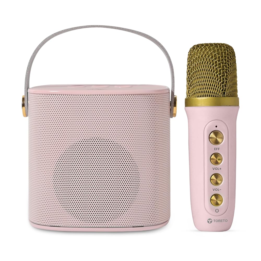 Toreto Wireless Bluetooth Speaker 10W with Wireless Karaoke Mic, 6H Playtime, Voice Changing Feature, Deep Bass, USB, AUX, BT5.3/TF Card, Outdoor Speaker with Carrying Strap (Jukebox, Pink)