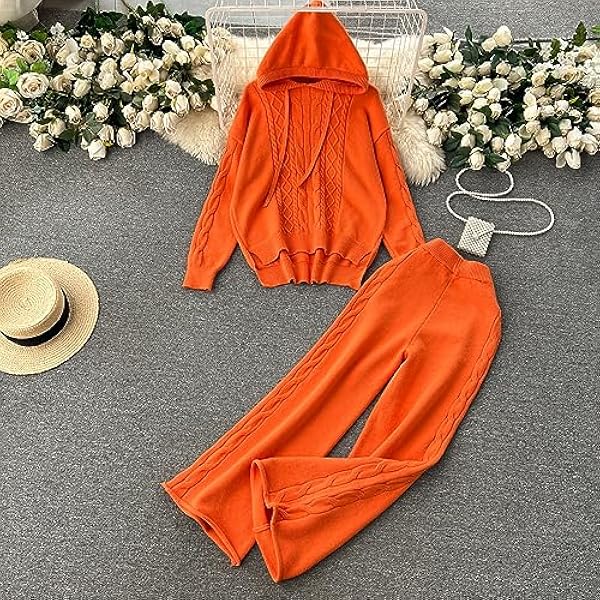 DUOTCYELE Set Completi Maglione Lavorato A Maglia da Donna - Set da Salotto Lavorato A Maglia Set da Donna in Due Pezzi Lavorato A Maglia Autunnale per Donna Pullover con Cappuccio con Coulisse E Pa