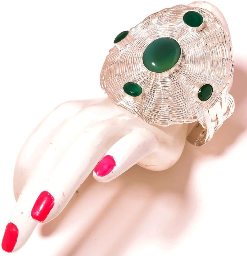 Green Onyx Oval Gemstone Silver Plated Handmade Wire Wrapped Cuff Bangle Bracelet
