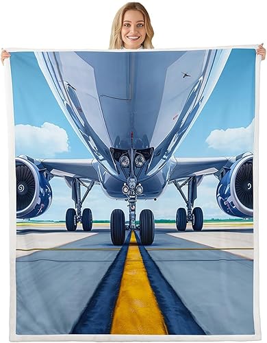 Erosebridal Manta de forro polar de aviación, avión de pista de aterrizaje, rueda de neumático de verano, manta decorativa de paisaje de cielo azul,