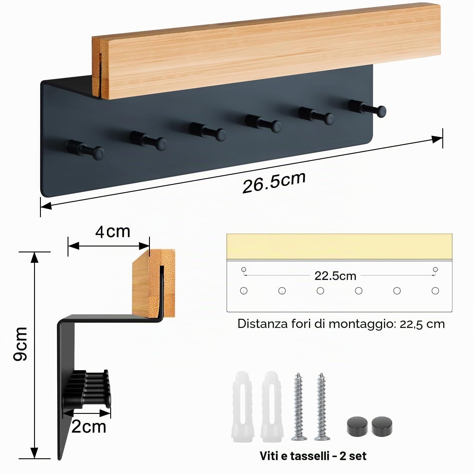 ANVODE Portachiavi in Legno con Ripiano, Portachiavi con 6 Ganci, per Ingresso, Corridoio, Cucina