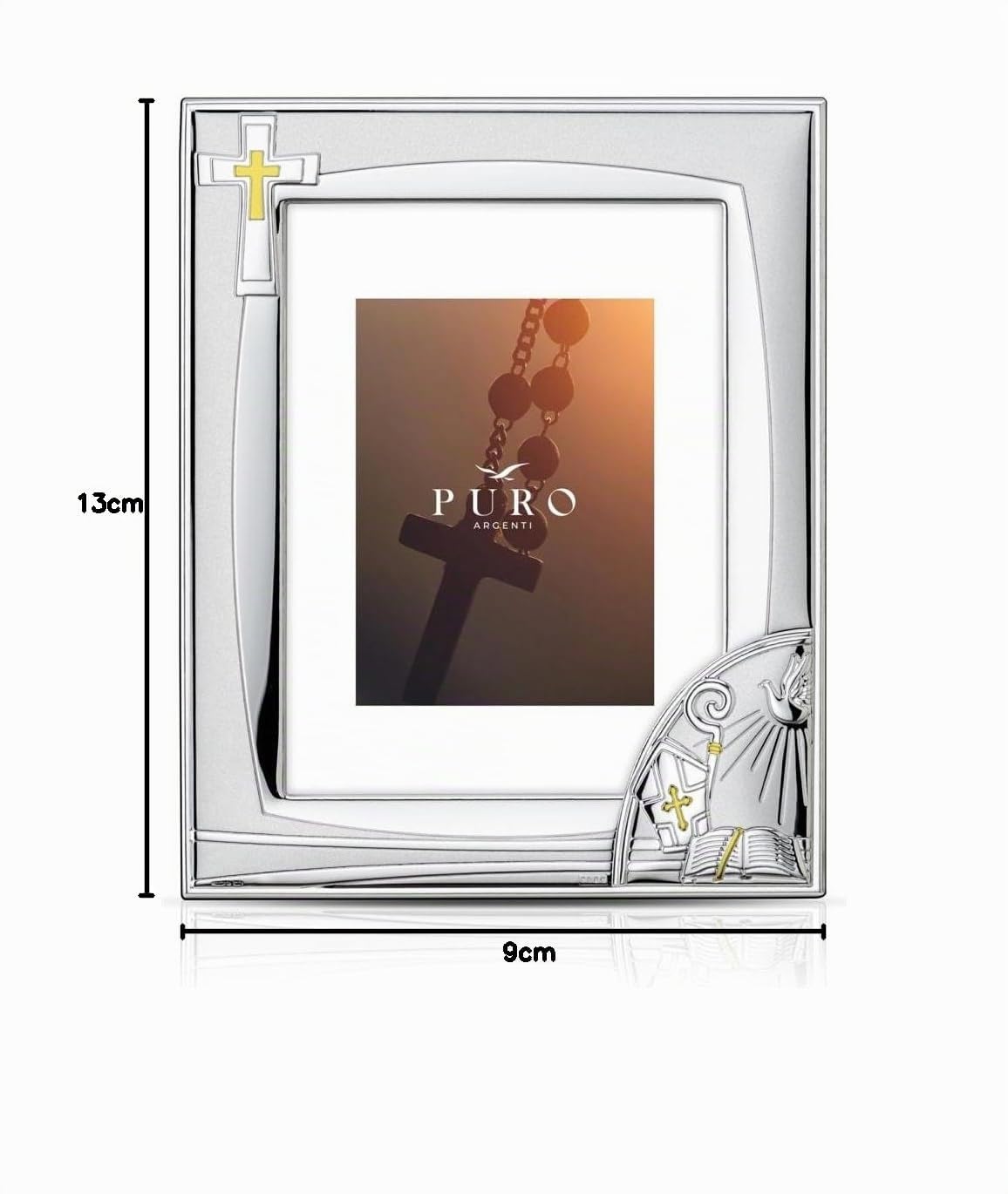Generico Cornice Portafoto Religiosa per Cresima in Argento PVD con Croce e Simboli Sacri, 9x13 cm