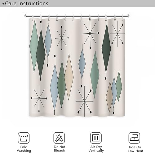 Miniatura 7 de Cortina de ducha de mediados de siglo, moderno, abstracto, patrón geométrico atómico de explosión de estrellas para los años 50, accesorios de