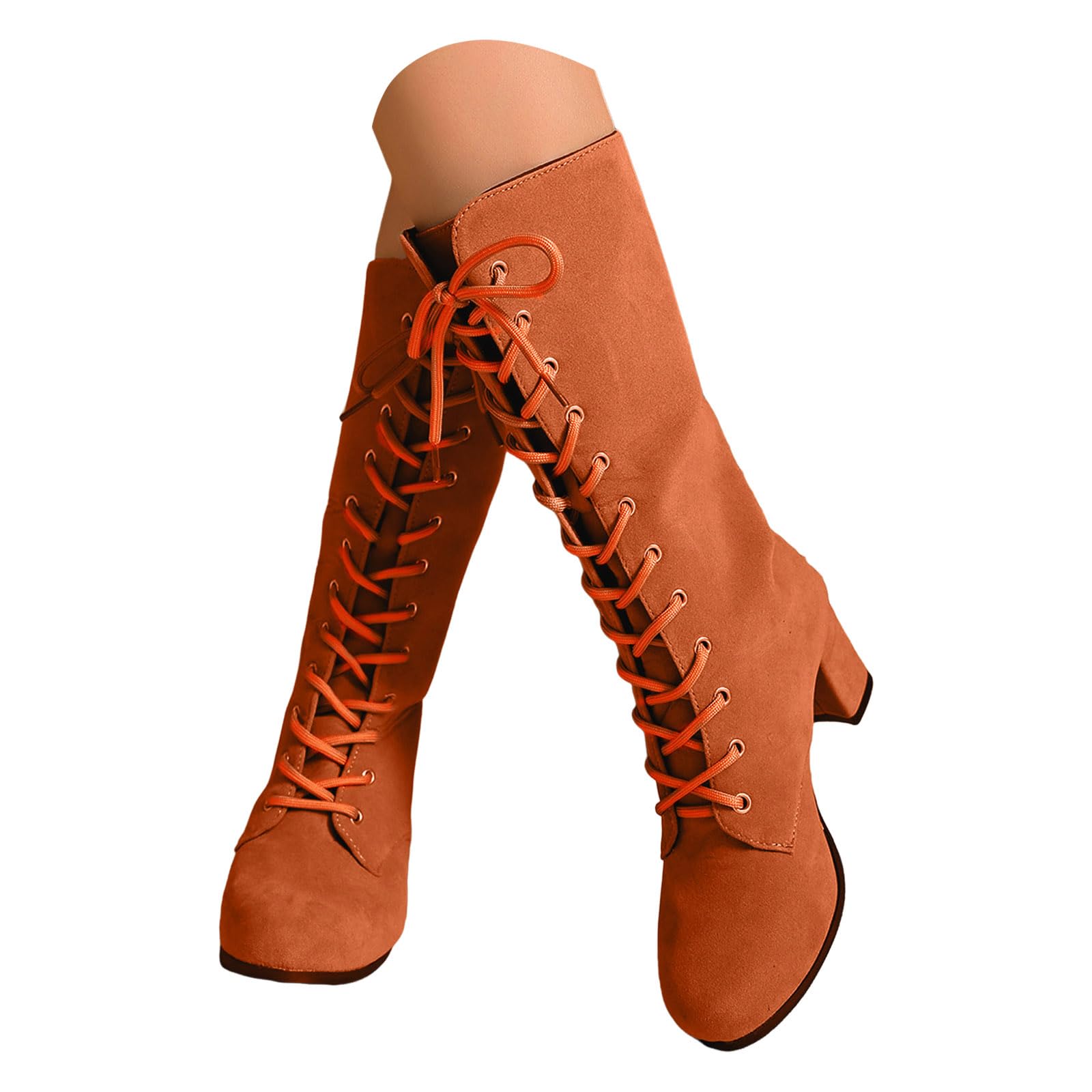 ZSpzx Women Retro Mid Calf Boots Suede Long Lace Up Wide Calf Combat Booties Chunky Block High Heels