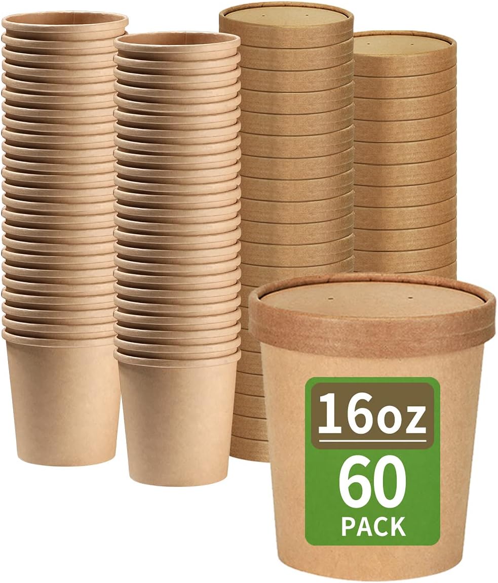 bloomoon 60 Pack 16 oz Paper Soup Containers with Lids, Disposable Ice Cream Pint Containers with Lids, Microwavable Leak Proof for Soup and Ice Cream Storage (60 Cups 60 Lids)