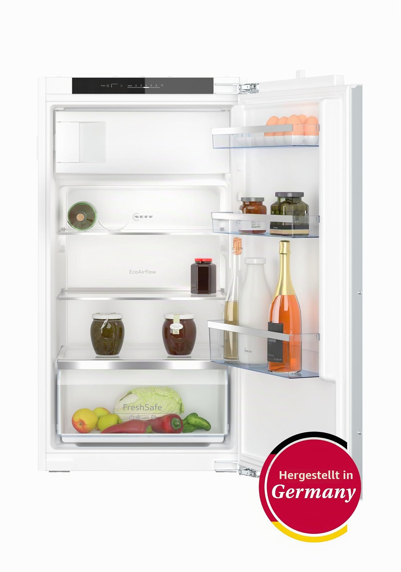 NEFF KI2322FE0, N 50, Einbaukühlschrank mit Gefrierfach, 102,5x56 cm (HxB), Kühlen 132l, Gefrieren 15l, 35dB, LED Beleuchtung, Fresh Safe, Eco Air Flow,Flachscharnier, Made in Germany | Made in Germany, 147 L Kapazität, flexible Glasböden für variablen Pl