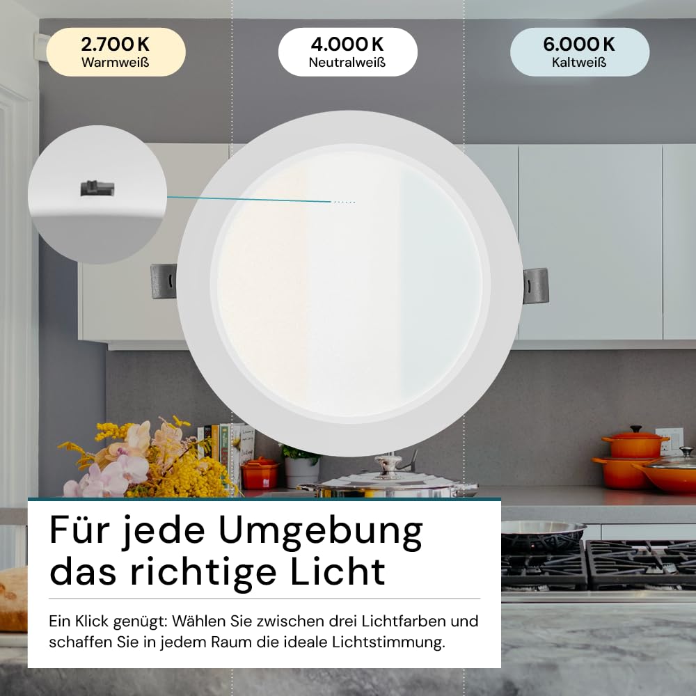 LUXULA LED Einbauleuchte rund Weiß, 4 Stück Ø295x28mm, 24W 2400lm, IP44 Einbaustrahler flach CCT 2700K 4000K 6000K einstellbar, LED Deckenstrahler Einbauleuchte 230V Bad, Küche & Innenräume