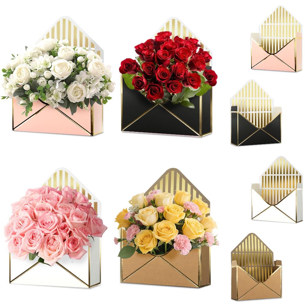 4 Piece Envelope Flower Boxes for Arrangements Gold Striped Style Floral Envelope Paper Box Florist Bouquet Folding Gift Packaging for Valentines Day Mothers Day Anniversary Wedding