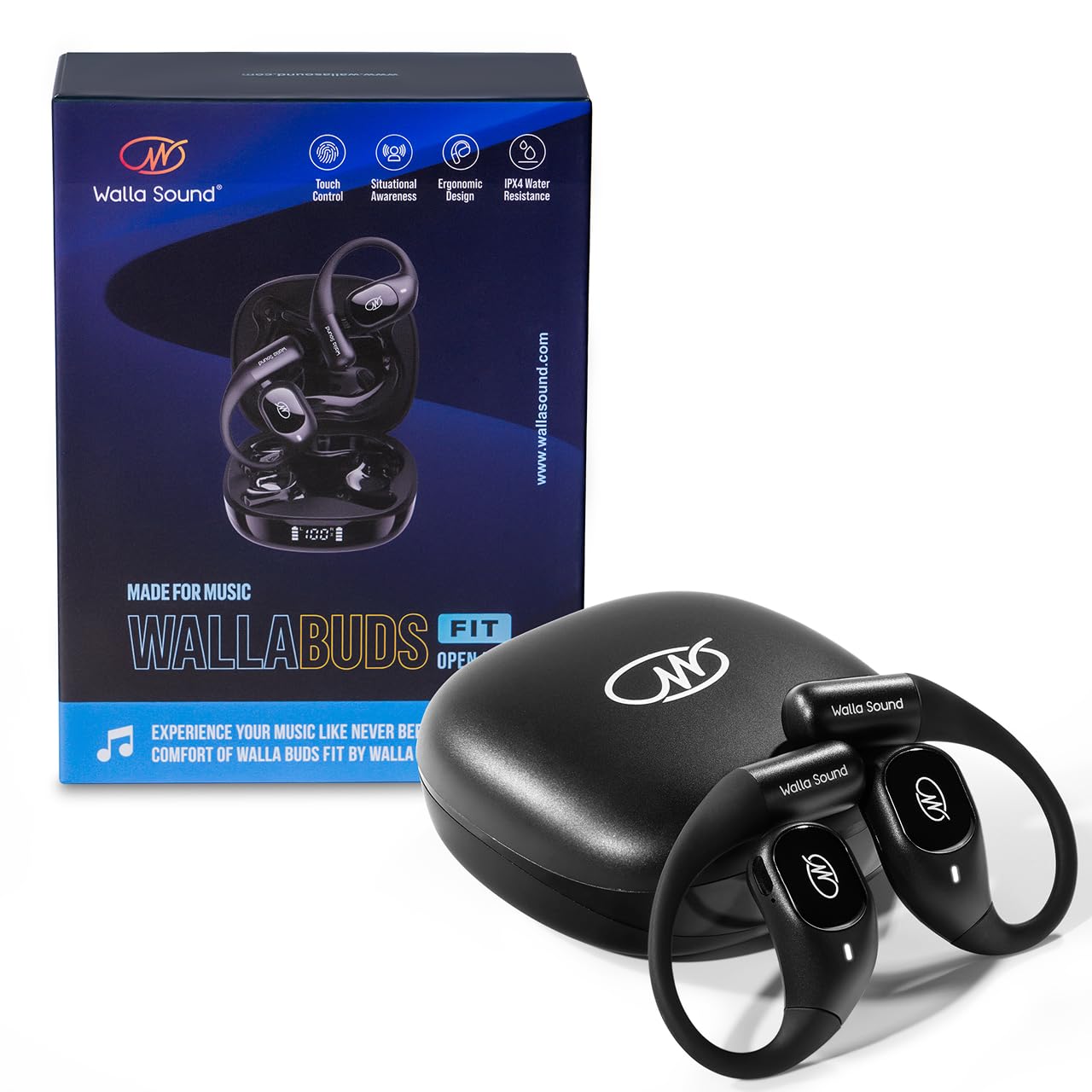 WallaBuds Fit Open Ear Headphones - Wireless Open Earbuds with Open Fit Design, Premium Sound Quality Ear Buds, IPX4 Water Resistant, Bluetooth 5.3,