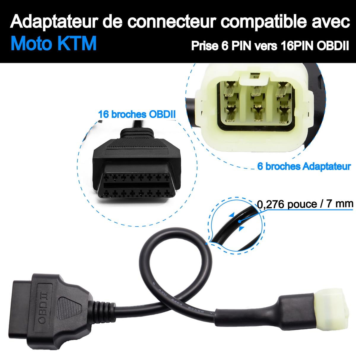 Câble Adaptateur de Diagnostic OBD2 OBDII 6 Broches à 16 Broches Compatible avec KTM Moto