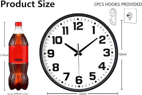 Miniatura 3 de Reloj de pared moderno y silencioso de 12 pulgadas, sin tictac, funciona con pilas, reloj analógico redondo grande y fácil de leer de vidrio