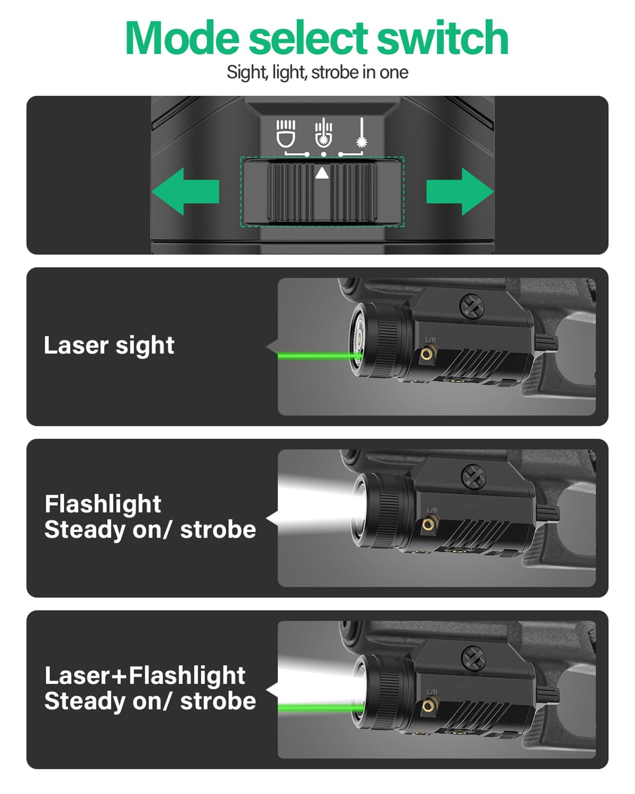 DARKFANG 1200 lumens Picatinny lampe de poche et laser vert combo avec batterie rechargeable extérieure intégrée