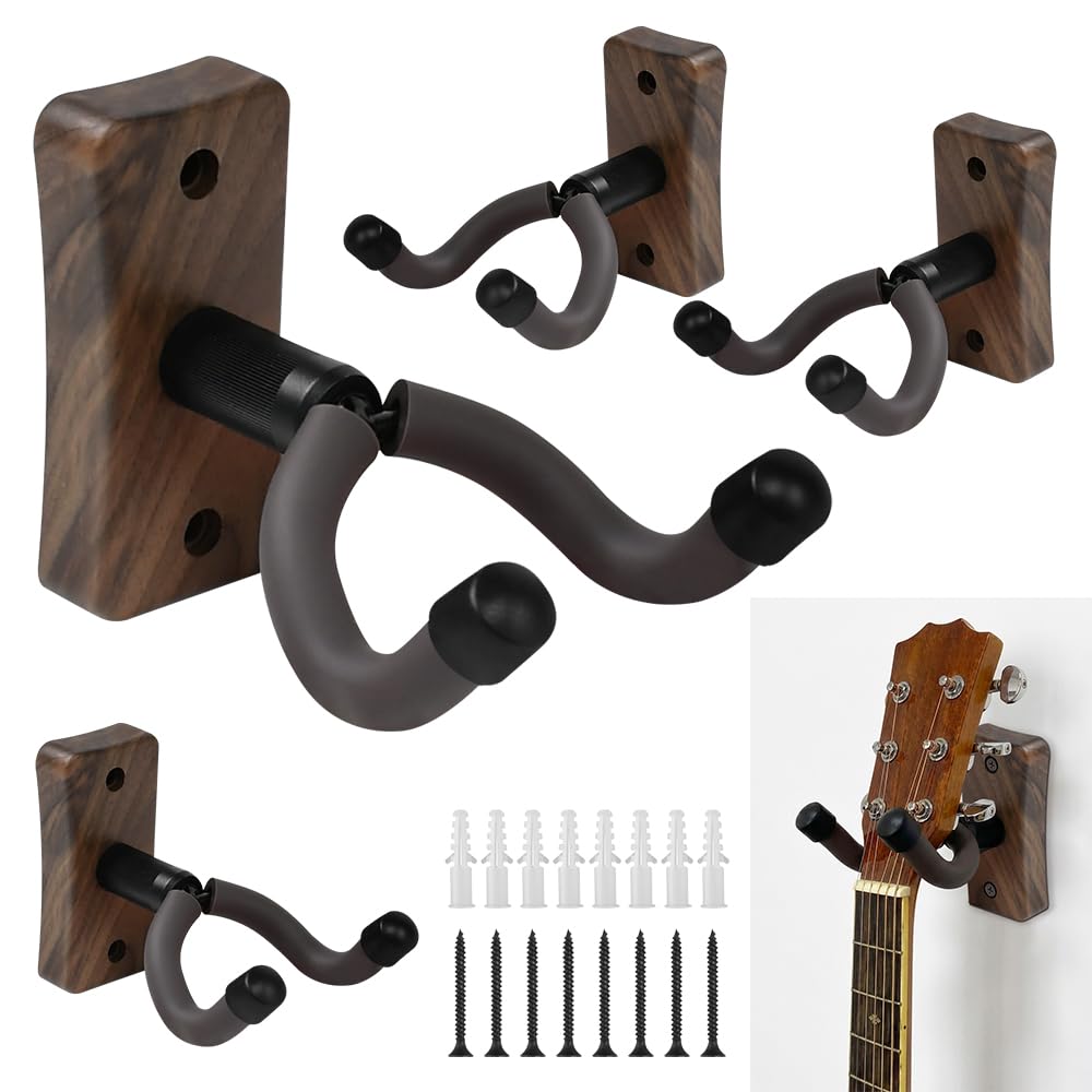 Lot de 4 Supports Muraux en Bois de Noyer Noir pour Guitare Support Mmural pour Guitare et Basses avec Bras Pivotant à 360° et Patin en Caoutchouc Porte Guitare Mural Noyer pour Salon, Studio