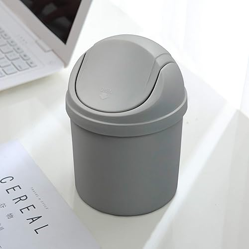 Miniatura 5 de Mini basurero de escritorio de plástico de 2 L, pequeño bote de basura con tapa giratoria, color gris